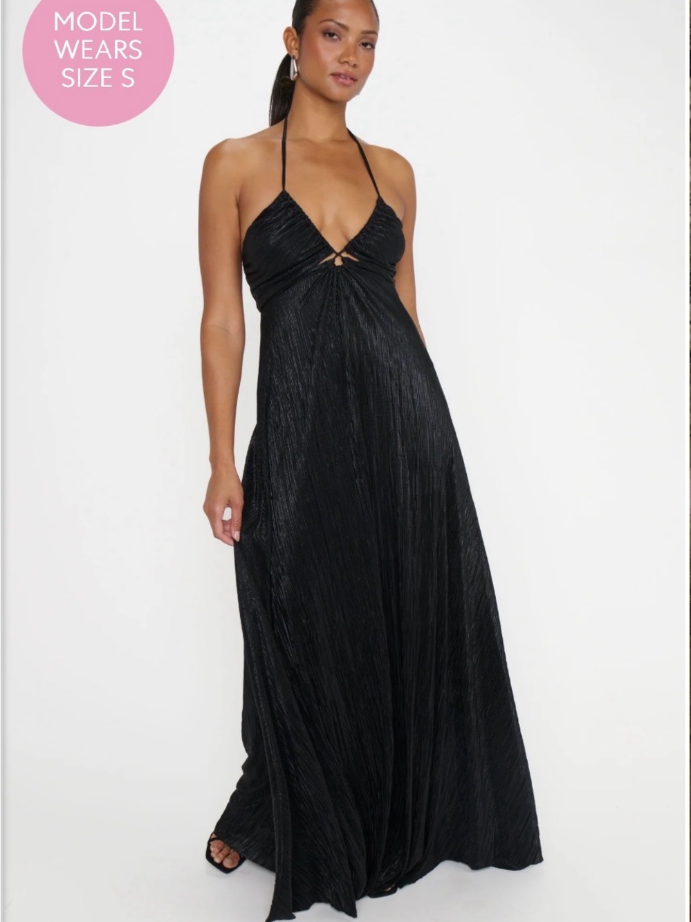 Show Me Your MuMu Black Halter Plunge Pleated Maxi Dress